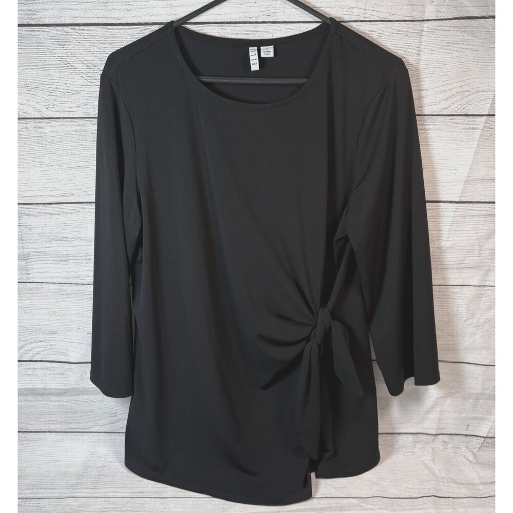Elle Womens Sz XL Blouse Top Black 3/4 Sleeve Faux Wrap Stretch Office Business